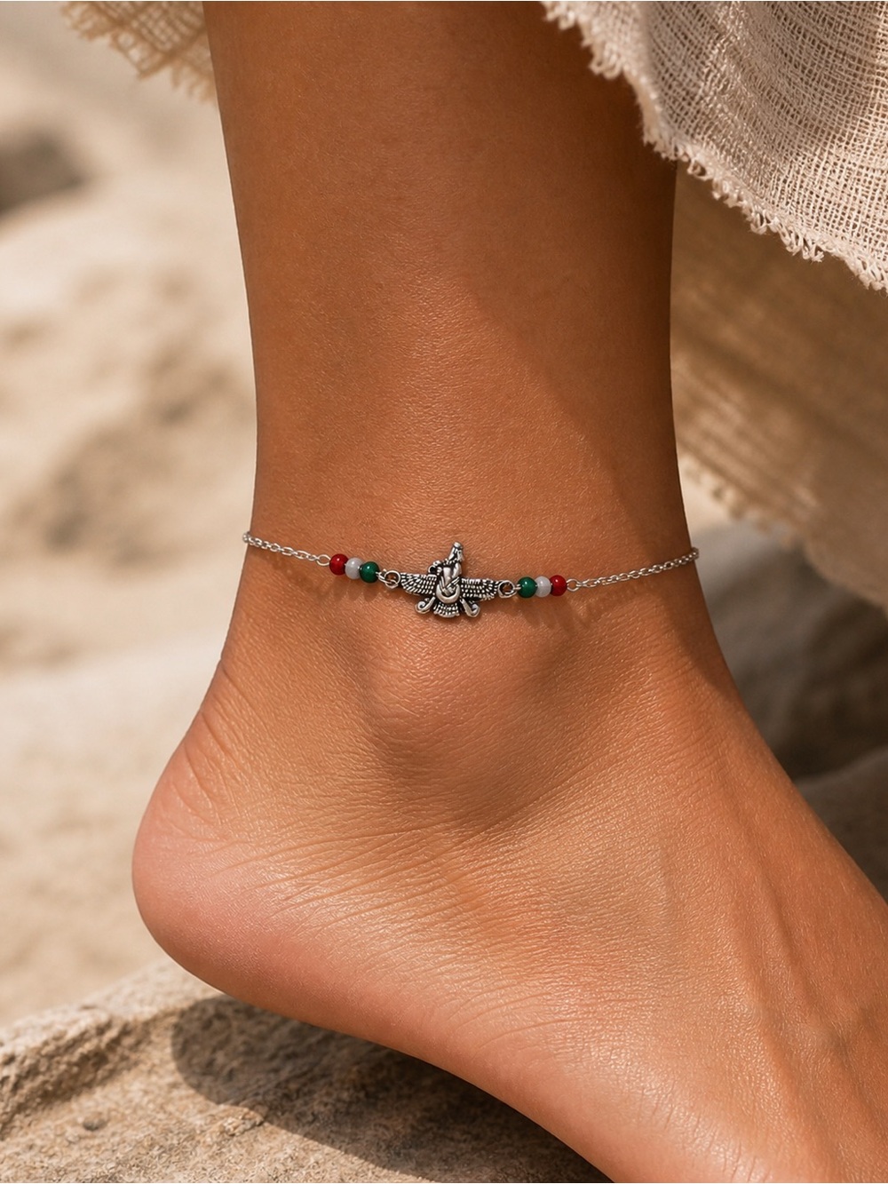 Farvahar Anklet, Persian Symbol, Minimalist Silver Finish Chain